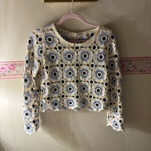 Floral Crochet Lace Top - Cream and Blue